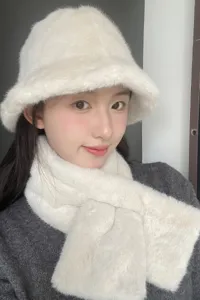 White plush bucket hat and matching winter warm scarf set for women cozy fluffy faux fur cap.