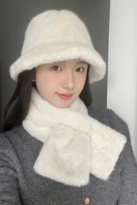 Winter white plush bucket hat and warm furry scarf set for women, thick cozy winter cap.