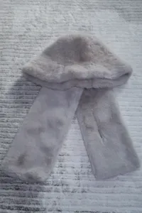 Winter plush bucket hat with long scarf warm fleece fluffy one-piece hood set grey