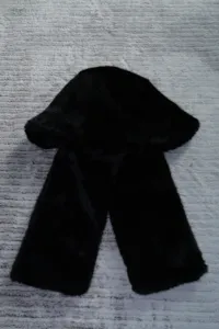 Black plush hooded scarf winter warm thick fuzzy hat and long scarf combo casual wear