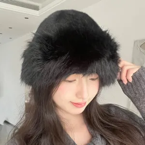 Winter Warm Faux Fur Bucket Hat For Women Solid Color Fluffy Plush Fisherman Cap Casual Outdoor Windproof Basin Hat