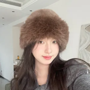 Fluffy brown faux fur bucket hat for women winter warm plush cap stylish daily wear outfit