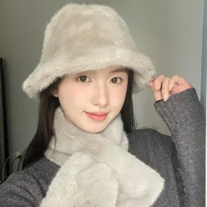 Women Winter Thick Warm Plush Bucket Hat And Scarf Set Solid Color Faux Fur Fisherman Cap Casual Warm Basin Hat