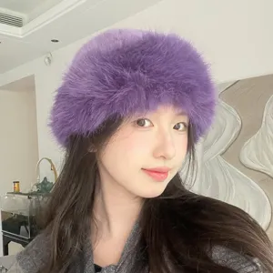 Trendy purple faux fur bucket hat for women, fluffy winter warm stylish fuzzy cap.