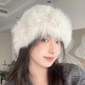 White fluffy plush bucket hat for women winter warm fuzzy furry fisherman cap stylish