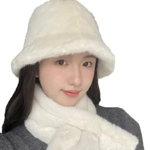 Winter white plush bucket hat and warm matching scarf set for women, fluffy design style.
