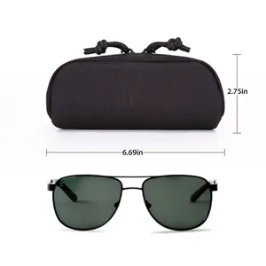 Nylon hard shell sunglasses case and aviator glasses set with dimension specs for outdoor use.