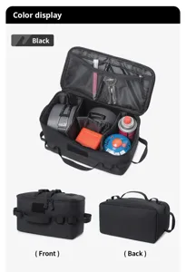 Sac de rangement de camping tactique noir pour équipement de cuisine, sac multi-compartiments.