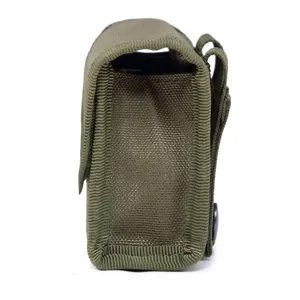 Outdoor tactical MOLLE accessory pouch side detail view, durable nylon military green utility bag.