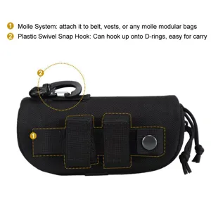Tactical hard shell glasses case detail, featuring molle system straps and snap hook.