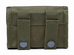 Tactical MOLLE pouch back detail, durable army green nylon webbing with secure snap buttons.