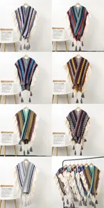 Ethnic style knitted poncho with ruffles and tassels, multi-color bohemian winter shawl.