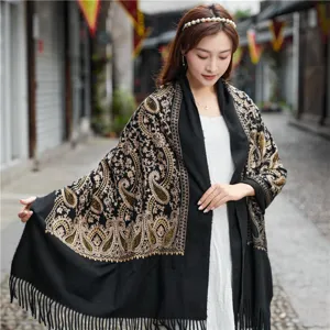 Women winter thick warm cashmere feel paisley shawl scarf with embroidery and fringe details.