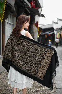 Women thick warm cashmere-feel shawl with elegant golden paisley embroidery for winter wear.