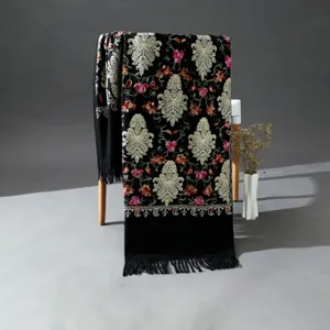 Women Winter Warm Imitation Cashmere Scarf Ethnic Floral Embroidery Fringe Long Shawl Travel Retro Casual Scarf