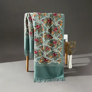 Cashmere-feel embroidered paisley ethnic scarf shawl, detailed floral fringe drape detail.