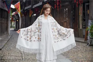 Detail view of women ethnic embroidered imitation cashmere scarf warm winter tassel shawl