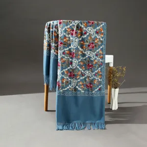 Detailed view of the ethnic style embroidered paisley cashmere-feel scarf, elegant shawl.
