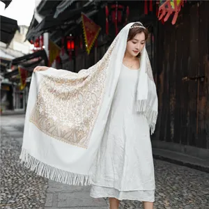 Detailed view of women autumn winter warm imitation cashmere shawl with ethnic paisley embroidery style.