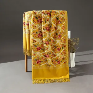 Elegant yellow embroidered paisley scarf, cashmere-feel ethnic shawl for autumn winter.