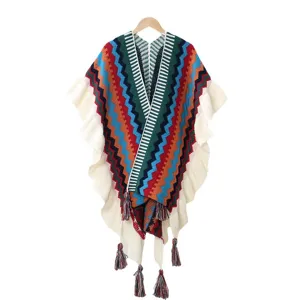 Women boho ethnic colorful chevron knit poncho winter warm tassel cape with ruffles