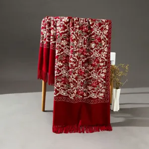 Ethnic paisley embroidered cashmere-feel shawl, retro red winter scarf for women.