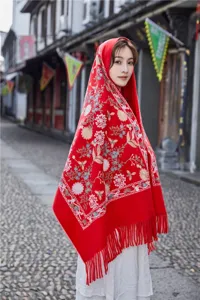 Autumn winter ethnic style embroidered faux cashmere scarf warm tassel shawl for women.