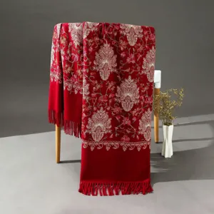 Red ethnic embroidered imitation cashmere scarf winter women shawl tassel fringe detail shot