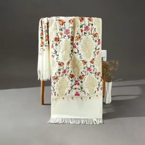 Detail view of Nepali imitation cashmere embroidered ethnic style scarf shawl for women.