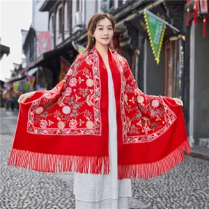 Red embroidered ethnic cashmere-feel shawl with fringe, warm winter tassel scarf detail.