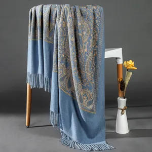 Blue embroidered paisley shawl, thick warm imitation cashmere scarf for autumn and winter daily wear.