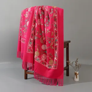Ethnic style embroidered winter women shawl cashmere feel warm tassel scarf detail view