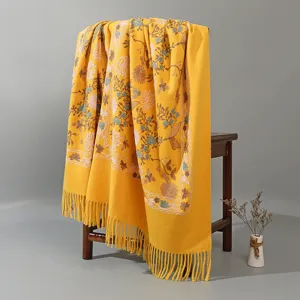 Autumn winter ethnic style floral embroidered cashmere feel tassel scarf shawl for women