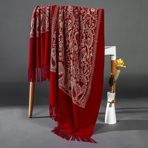 Red embroidered paisley winter shawl, thick warm ethnic style cashmere feel scarf for women.