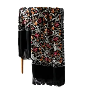 Women black paisley embroidered cashmere feel winter scarf ethnic shawl elegant fringe accessory