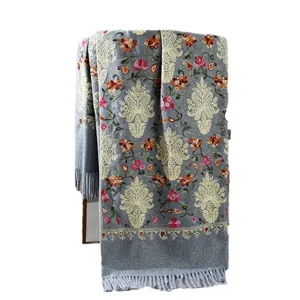 Autumn winter women floral embroidery cashmere feel shawl ethnic style grey scarf wrap