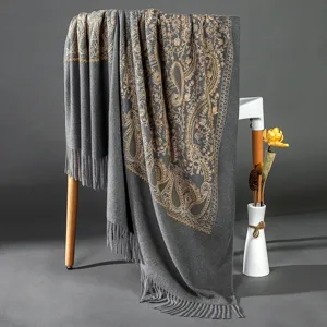 Grey winter warm cashmere-feel shawl with elegant golden paisley embroidery and chic fringe.