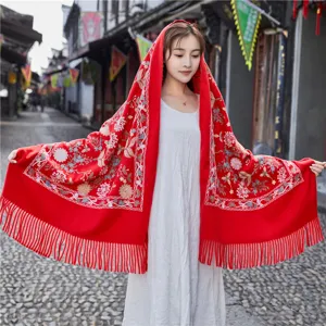 Women Autumn Winter Faux Cashmere Scarf Ethnic Style Printed Pattern Tassel Warm Long Shawl Travel Scarf