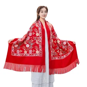 Ethnic embroidered cashmere-feel shawl, warm winter women fringe scarf for travel daily.