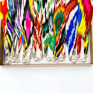 Colorful silk scarf necklace with magnetic pearl closure, ethnic abstract print gift main image