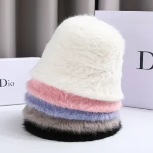 Women Winter Rabbit Hair Bucket Hat Solid Color Plush Warm Fisherman Cap Casual INS Style