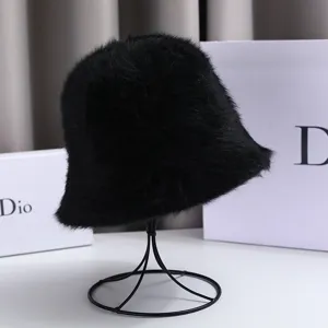 Black plush bucket hat faux fur winter warm fisherman hat casual cozy chic accessory details