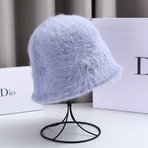 Chic autumn winter fuzzy bucket hat for women, soft plush lavender plush fisherman cap casual.