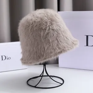 Cozy winter solid color rabbit hair bucket hat detail showing soft texture and fine plush material.
