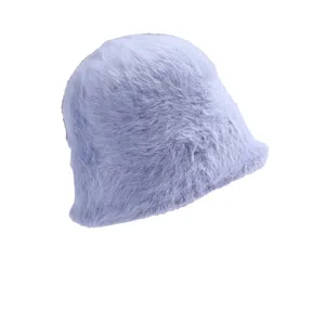 Stylish winter plush bucket hat for women in lavender soft rabbit hair casual warm cap.