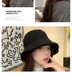 Detailed view of the winter fleece corduroy bucket hat, warm plush design for women.