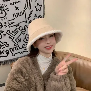 Women Winter Warm Corduroy Lamb Fleece Bucket Hat Reversible Casual Japanese Style Fisherman Cap