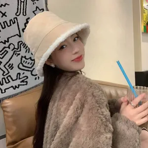Women winter fleece lined corduroy bucket hat Japanese style lamb wool basin hat.