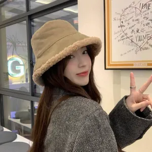 Corduroy bucket hat for women winter warm sherpa reversible plush fisherman cap casual daily wear
