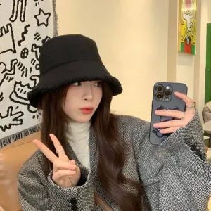 Winter plush corduroy bucket hat for women, Japanese style fleece warm fisherman cap